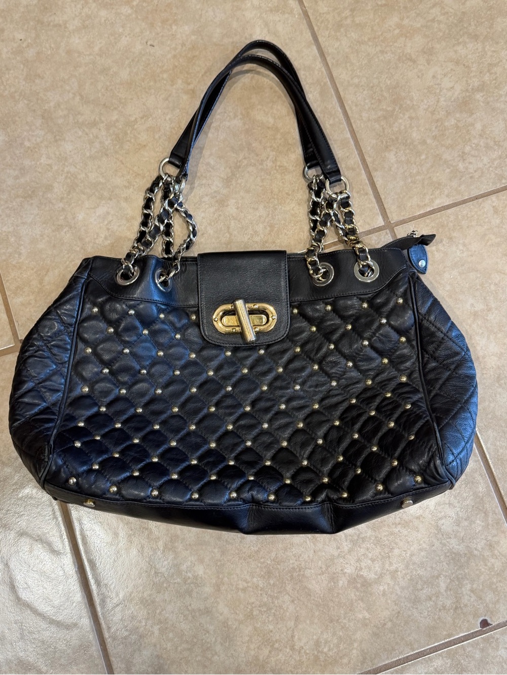 Black Quilted Shoulder Bag with Gold Stud Accents